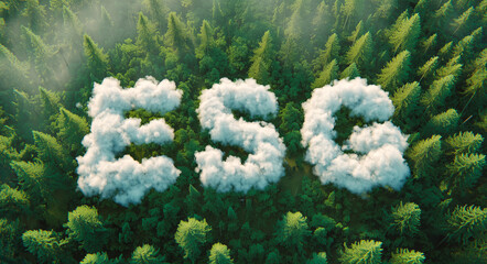 ESG letters formed by white clouds above a green forest, sustainability and environmental responsibility concept.