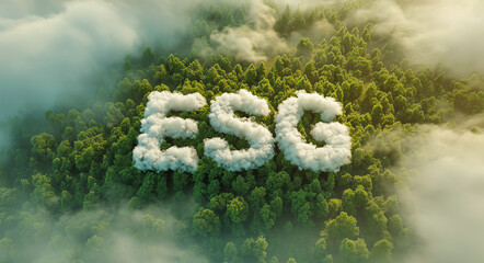 ESG letters formed by white clouds above a green forest, sustainability and environmental responsibility concept.