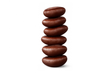 Roasted coffee beans stacked in a column, representing balance, energy, and a calm, focused start to the day
