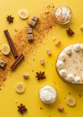 Fototapeta premium Creamy Banana Dessert Composition – Sponge Cake, Caramel Drizzle, Food Styling for Blog