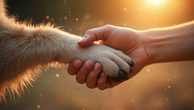 Gentle handshake between human hand and dog paw represents trust and companionship. Animal lover holds pet limb, showing affection and mutual connection. Warm sunlight illuminates this special bond.