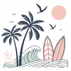 Tropical Beach Illustration with Palm Trees, Surfboards and Sun, Modern Flat Design