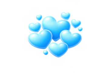 Blue glossy hearts floating in a group, representing romance, love, and affection on a transparent background