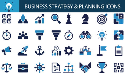 Business strategy and planning icon set. Containing chess pieces, target, lightbulb, rocket, puzzle, magnifying glass, gears, handshake, trophy, financial charts, megaphone, stopwatch, and many more.