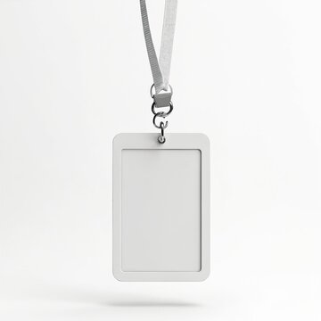 Blank white ID card holder on lanyard hangs against clean background. Access pass displays empty space for identity information. This mock up suits event staff or employee identification needs.