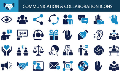Communication and collaboration icon set. Containing handshakes, vision eyes, sharing nodes, feedback loops, team meetings, chat bubbles, support headsets, and voting hands.