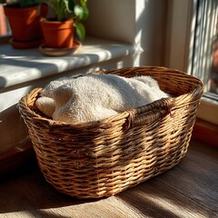 Obraz premium Rolled towels in basket by sunny window high resolution picture