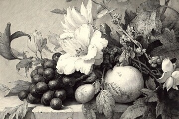 Romantic antique artwork fruits flowers leaves high resolution picture