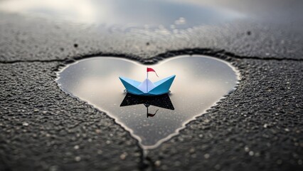 Paper boat sailing in heart shaped puddle romantic concept