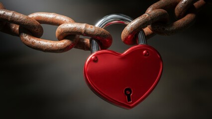 Red heart padlock securing old rusty chain in a dark and dramatic setting
