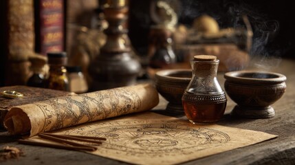 Vintage scroll and potion bottles on a wooden table fantasy and magic concept