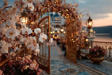 Romantic outdoor wedding arch with floral lights high resolution picture