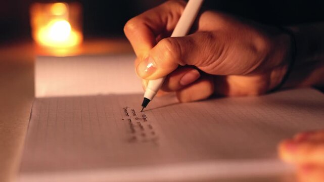 Close up of hand writing notes in a notebook with pen. Warm candle light creates cozy atmosphere. Concept of learning, planning, journaling or creative work at home.