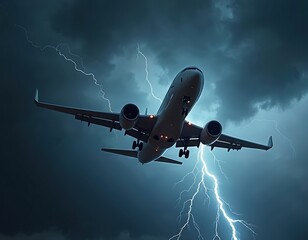 Airplane navigates dangerous storm clouds with lightning strikes all around. Aircraft battles severe weather, turbulence, electrical storms during flight. Intense atmospheric phenomenon risks travel.