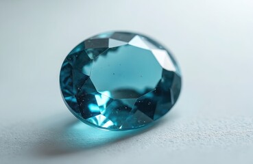 Blue zircon gemstone macro shot. Oval cut crystal with facets reflects light, showing internal imperfections. This precious gem sits on a light textured surface.
