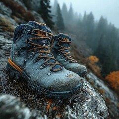 Rugged leather hiking boots outdoor high resolution picture