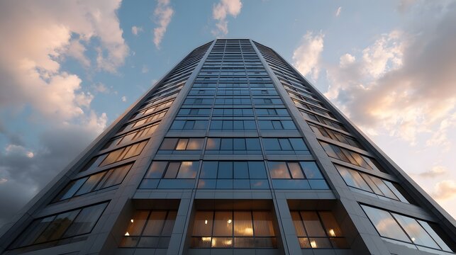 A modern skyscraper s glass facade reflects the sunset sky with dramatic clouds viewed from a low angle - Powered by Adobe