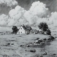 Rural farmhouse detailed sketch artwork high resolution picture