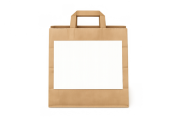 Brown paper bag mockup with blank white label for branding text or logo, recyclable packaging solution, transparent background