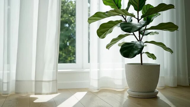 Fiddle Leaf Fig Plant in White Pot by Window with Sheer Curtains.