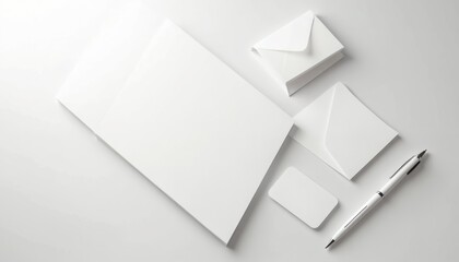 Clean desk setup features blank white paper, envelopes, business card, and pen. Minimalist office supplies await brand customization for corporate identity projects.