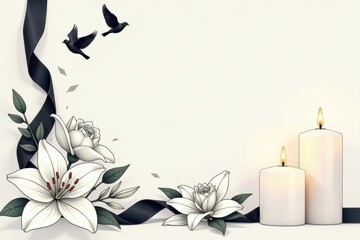 Funeral Condolence Illustration Mock Up with Black Ribbon and Mouring Symbols, Copy Space for text