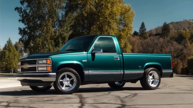 Oldfashioned pickup highlighted against mountain ridge setting