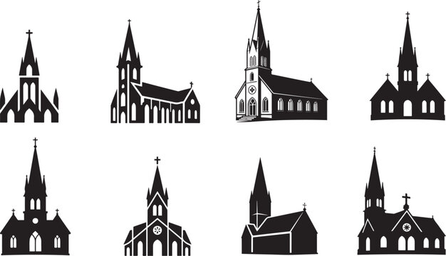 Eight Black and White Church Silhouettes architecture