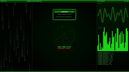 Sophisticated hacker dashboard showing a 3D rotating global network map with target nodes, falling matrix code, and system performance graphs, concluding with a "Root Access Granted" alert. - Powered by Adobe