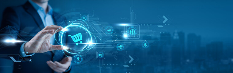 Businessman holding an e-commerce shopping cart in his hand online retail, digital marketplace, customer purchase journey, secure checkout, internet business, sales growth © Theyone