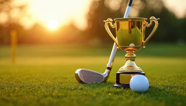 Golden trophy and golf club sit on green grass at sunrise on a golf course. A golf ball rests near the award. The sun casts a warm glow over the scene. Victory and achievement symbolized.