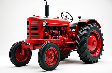 Obraz premium This is a red vintage tractor isolated on white background. It has large rear wheels and smaller front wheels, a detailed engine, and a driver. A classic farming machine ready for work.