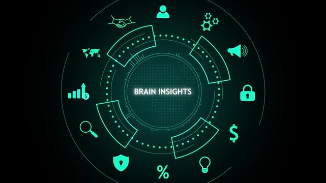 Futuristic infographic with icons representing business concepts.