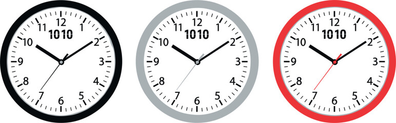 Vector Illustration Set of Round Wall Clocks in Black Gray and Red