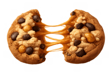 Chocolate chip cookie breaking apart with gooey caramel or peanut butter filling stretching between the halves on transparent background