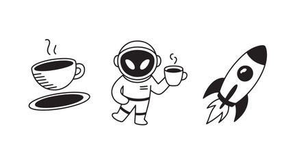 Space exploration and coffee break icons for app ui simple line art vector set