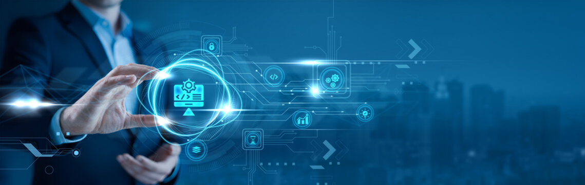 Businessman holding a software code window in his hand programming process, application creation, agile workflow, digital product engineering - Powered by Adobe