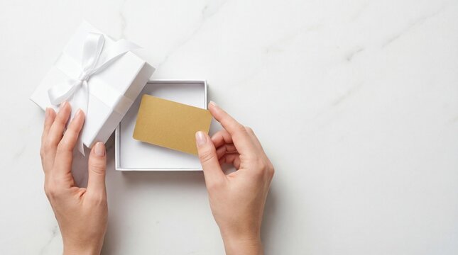 A top-down flat lay features well-manicured hands placing a blank, metallic gold gift card into a minimalist white gift box tied with a silk ribbon. The scene is set on a clean marble surface,