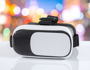 This modern VR headset on a polished surface with a colorful bokeh background represents the peak of digital innovation, gaming immersion, and futuristic exploration for techsavvy projects.