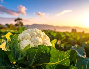 Cauliflower Head Growing in a Field.