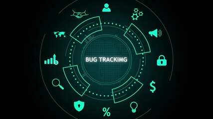 Futuristic digital interface with icons related to bug tracking. - Powered by Adobe