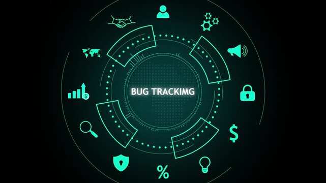 Futuristic digital interface with icons related to bug tracking.