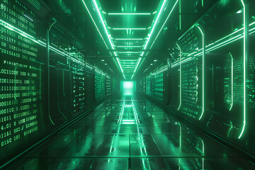 Futuristic sci-fi corridor with luminous green panels reflecting digital codes