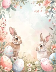 Easter Bunnies with Eggs and Flowers.