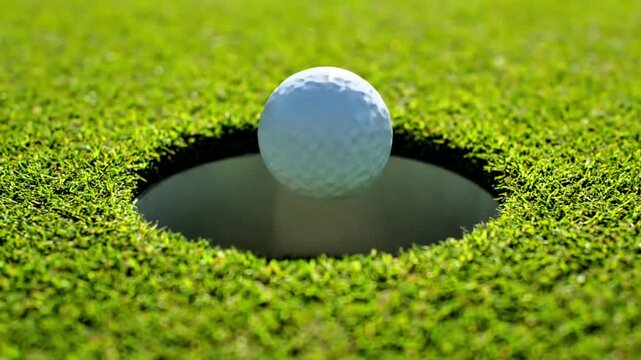 Video, illustration, golf ball game, golf ball going into the golf hole, sport, closeup, 