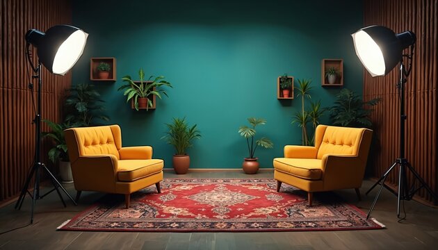 Two yellow armchairs set in a retro tv studio with plants and lighting equipment. Empty room styled for talk show interview or podcast recording. Elegant interior design.