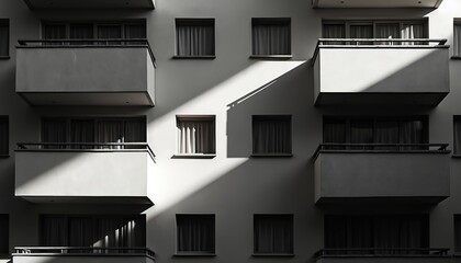 Sunlight stripes fall across facade with geometric balconies. Windows with curtains create contrast on building wall. Modern architecture lines define urban exterior.