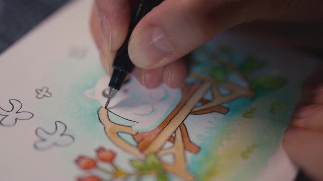 Close up of fingers outlining a miniature ghost cat watercolor painting with an ink pen. Whimsical art process on paper, shallow depth of field, focused on pen detail, sketching and creative hobby.