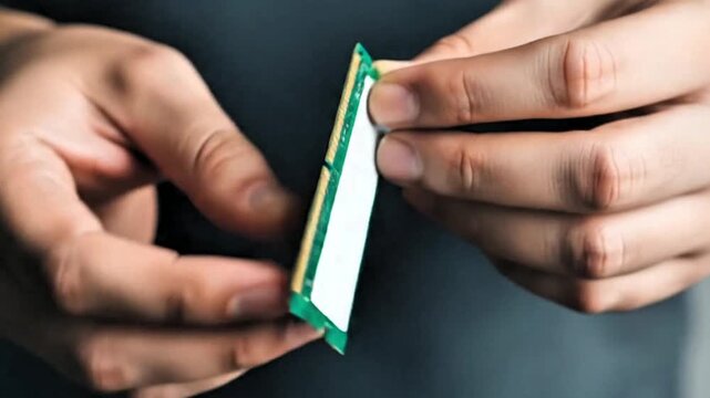 Video, close-up, hand holding computer RAM, technology, random access memory 