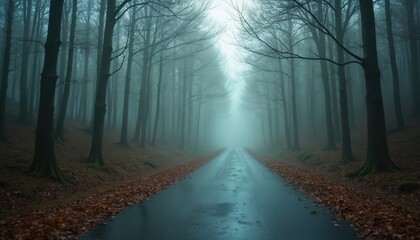 Fototapeta premium Foggy forest road with bare trees and fallen leaves on wet asphalt. A misty path leads into the dense woodland during late autumn or early spring.